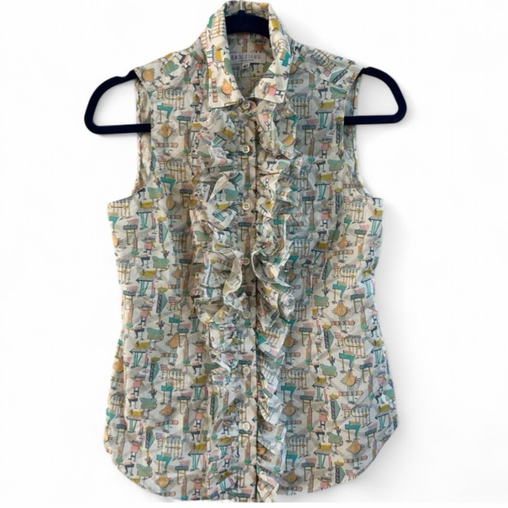 Hadleigh's Italy Ruffled Button Down Patterned Sleeveless Blouse Shirt Top